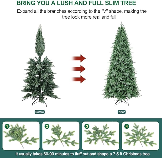 7.5 FT Prelit Artificial Skinny Christmas Tree,Blue Spruce Slim Pencil Xmas Tree with 1755 PE&PVC Mixed Branch Tips,450 UL Listed Clear Lights,Hinged Pine Tree with Metal Stand for Home Office Décor