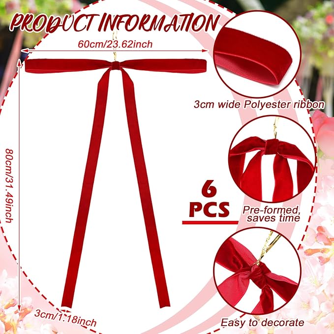 Janinka 6 Pcs Red Large Velvet Christmas Swag Bow 31.5 x 23.6 inch Vintage Christmas Ornament Rustic Velvet Staircase Wreath Bows Xmas Tree Topper Bows Large Bow for Outdoor