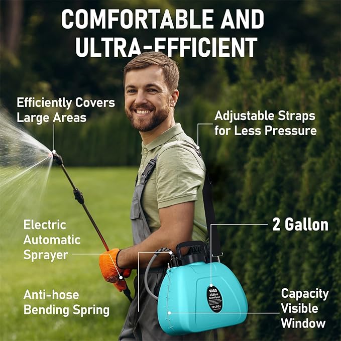 2 Gallon Battery Powered Garden Sprayer, Electric Sprayer, Weed Yard Lawn Sprayers with 5 Mist Nozzles & Retractable Wand & Adjustable Strap for Lawn, Garden, Yard (Teal)