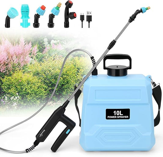 BlumWay Battery Powered Sprayer 2.5 Gallon, 7.4V Powerful Electric Sprayer with 5 Mist Nozzles, Rechargeable Handle, Retractable Wand,Adjustable Shoulder Strap for Lawn,Garden