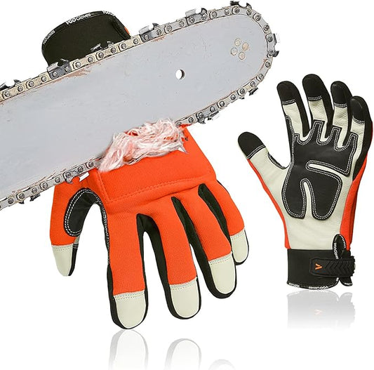 Vgo... Chainsaw Gloves,12-Layer Saw Protection on Left/Both Hand Back,Cow Leather Gloves,Touchscreen