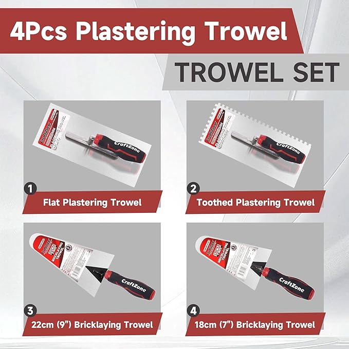 4 Pieces Concrete & Trowel Masonry Set - High Carbon Steel Plastering | Bricklaying Tools for Drywall Asphalt - Includes Flat & Notched Trowels & 7"/9" Brick Trowels with Soft Grip Handle