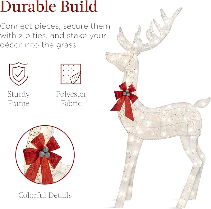 Best Choice Products 3-Piece Large Lighted Christmas Deer Family Set 6.5ft Outdoor Yard Decoration with 385 LED Lights, Stakes, Zip Ties - White