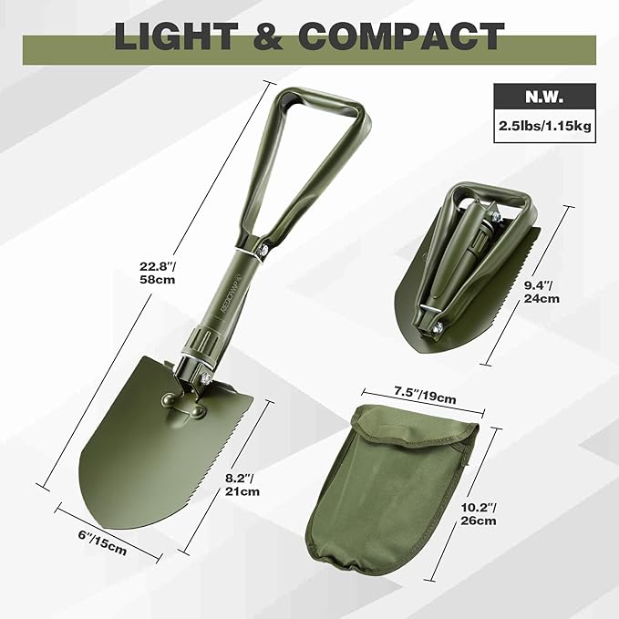 REDCAMP 23" Military Folding Camping Shovel w/Cover,Portable Shovel with High Manganese Steel, Tactical Entrenching Tool Tri-fold Handle Shovel for Camping Hiking Sand Mud Snow Beach, Green 2.5Lbs