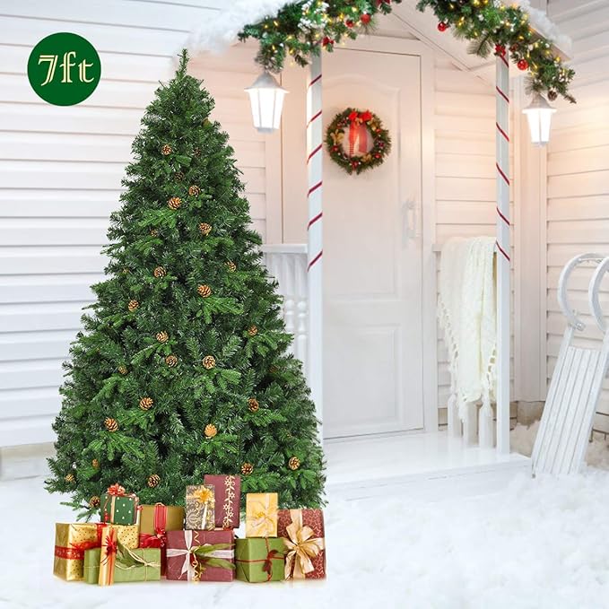 GOFLAME 7ft Artificial Pre-lit Christmas Tree with Warm White LED Lights and Pine Cones, Home Holiday Décor, Hinged, 925 Branches for Indoor Decoration Easy Setup