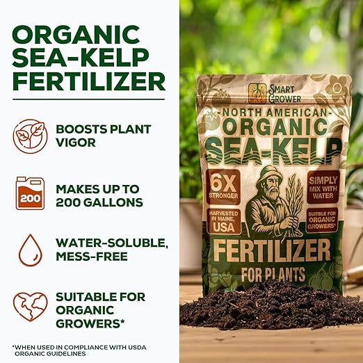 Organic Sea Kelp Fertilizer for Plants – Water-Soluble – Makes 200 Gallons – Kelp Meal Concentrate Plant Food – for Indoor Gardens, Hydroponics, Vegetables, Houseplants - Smart Grower - 8oz Bag