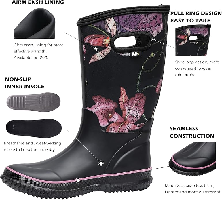 WTW Mid Calf Rain Boots for Women - Waterproof Insulated Neoprene Mud Boots Outdoor Hunting Garden Boots