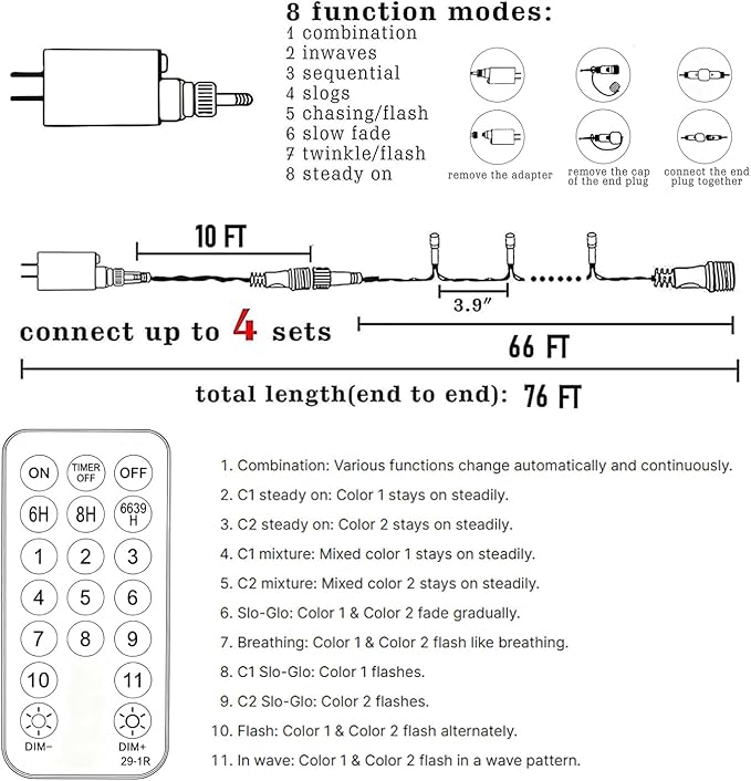 TW SHINE 66FT 200 LED Color Changing Christmas Lights, Warm White & Multi Color Waterproof String Lights with 11 Functions, Remote Christmas Decorations for Indoor Outdoor Party Wedding Garden Decor