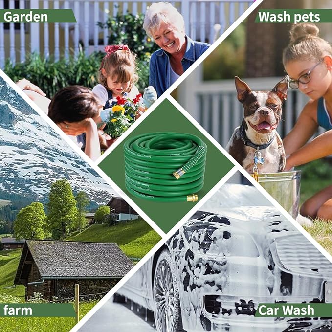 150ft 5/8 Heavy-Duty Rubber Garden Hose - 200psi Working, 1000psi Burst - Hot/Cold Water - Five-Layered Braiding for Durability - Versatile for Gardening, Agriculture, Construction (Green)