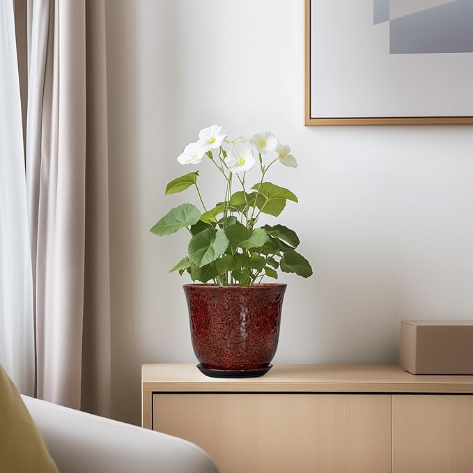 Ceramic Plant Pots - 5.6 Inch Plant Pot Indoor Outdoor, Small Planter with Drainage Hole and Saucer, Round Planter, Orchid Succulent Pots, Garden Room Decor, Gardening Gifts for Women, Red