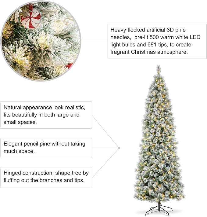 Glitzhome 9ft Pre-Lit Flocked Pencil Pine Artificial Christmas Tree with 500 Warm White Lights and Foldable Metal Stand for Home, Office, Party Decoration, Easy Assembly
