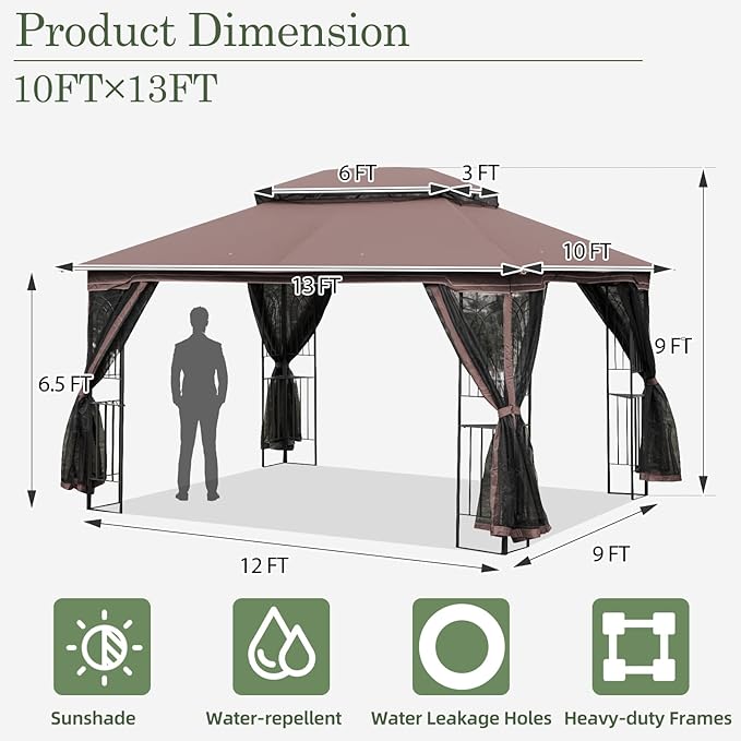 ECOTOUGE 10' X 13' Outdoor Gazebo, Soft Double Roof Canopy Tent with Mosquito Netting, Party Tent Shelter with Corner Frame Shelves for Patio, Backyard, Deck, Brown