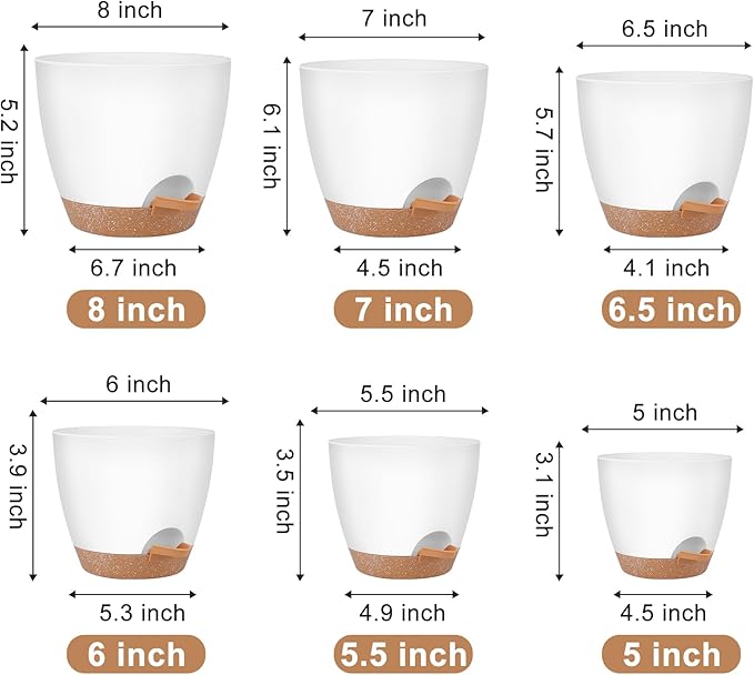 Plant Pots 8/7/6.5/6/5.5/5 Inch Self Watering Pots, Set of 6 Plastic Planters with Drainage Holes and Saucers,Plastic Flower Pots,Nursery Planting Pot for Indoor Out Door Plants（White）