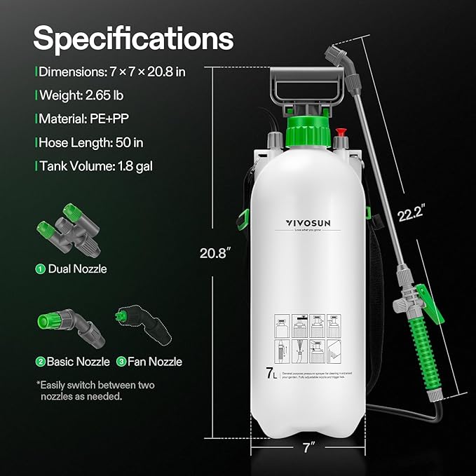 VIVOSUN 1.8 Gal/7L Pump Sprayer, Garden Water Sprayer for Plants, Weeds & Lawn Care, with 3 Nozzles, 50'' Long Hose & Pressure Relief Valve