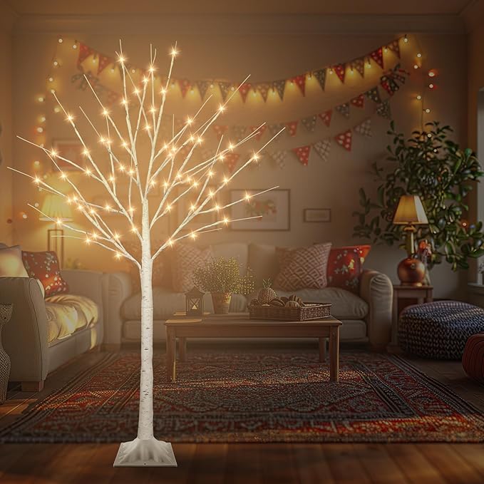 4FT Lighted Birch Tree with 60 LED Warm White and Multicolor Lights, 8 Modes, Timer Remote Faux Prelit Twig Christmas Tree with Lights for Indoor Outdoor Xmas Holiday Party Decoration