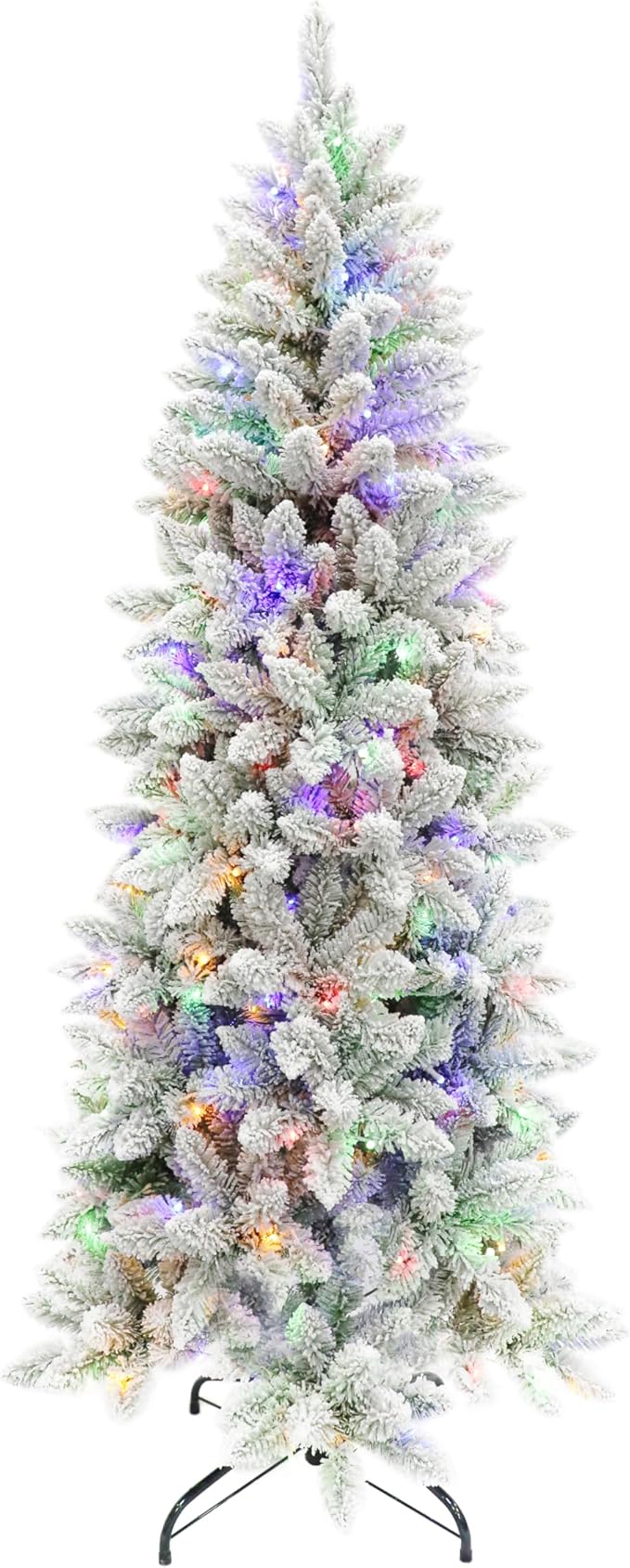Senjie Prelit Snow Flocked Pencil Christmas Tree, Slim X-mas Tree with LED Lights,Folding Metal Stand, Perfect for Holiday Indoor Décor 5FT