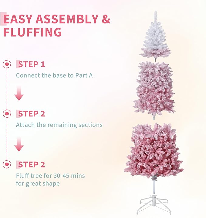 GarveeHome 9ft Prelit Artificial Christmas Tree with RGB & Warm White Lights, Pre-Lit Snow Flocked Pencil Christmas Tree, Foldable Base,Holiday Decoration for Home, Office, Party,Pink Gradient