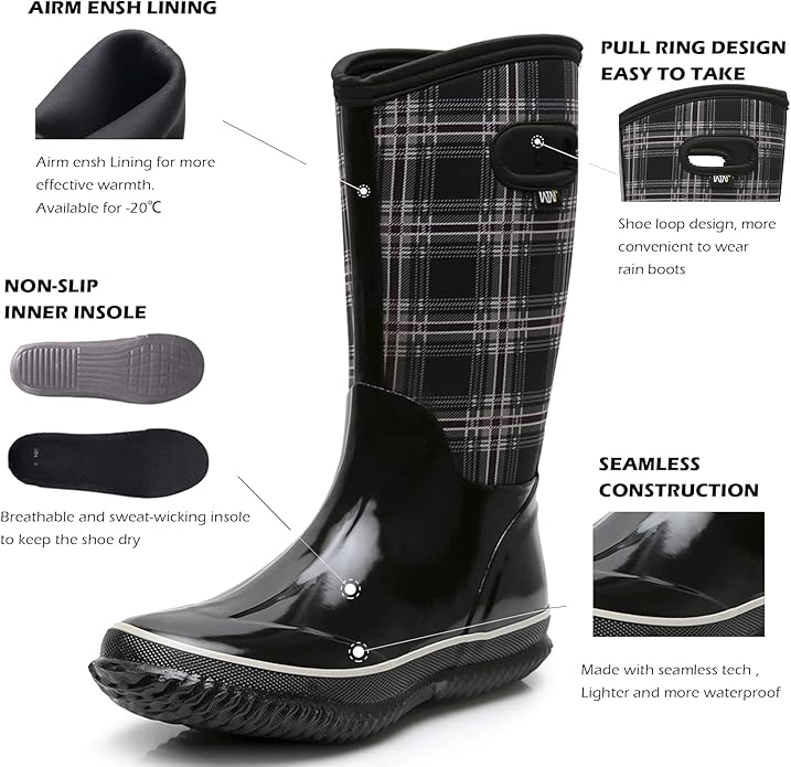 WTW Mid Calf Rain Boots for Women - Waterproof Insulated Neoprene Mud Boots Outdoor Hunting Garden Boots