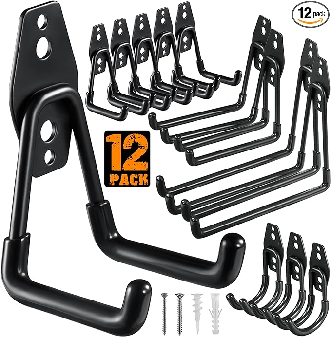 12 Pack Garage Hooks Heavy Duty Utility Steel with Anti-Slip Coating Wall Mount Storage Organizer for Hanging Power and Garden Tools, Ladders, Hose, Bikes, Ropes, Bulk Items, and More