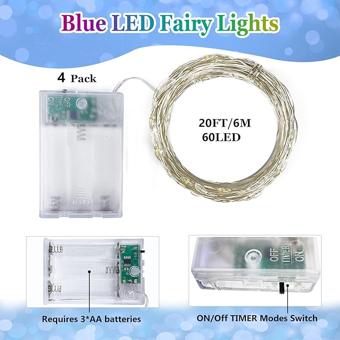 4 Pack 20FT 60LED Christmas Battery Operated Fairy Lights with Timer, Waterproof Battery String Lights Outdoor Indoor, Battery Twinkle Light for Bedroom Wedding Birthday Party Chirstmas (Blue)