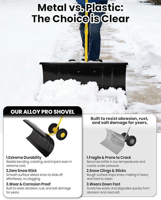 36" Snow Pusher Shovel with Wheels, Adjustable Ergonomic T-Handle Snow Plow for Driveway, Heavy Duty Wheeled Rolling Shovels for Driveway and Sidewalks with Angeled Blade