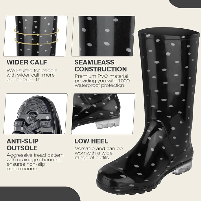 DaeRainy Tall Rain Boots for Women, Knee High Waterproof Slip On Garden Boots