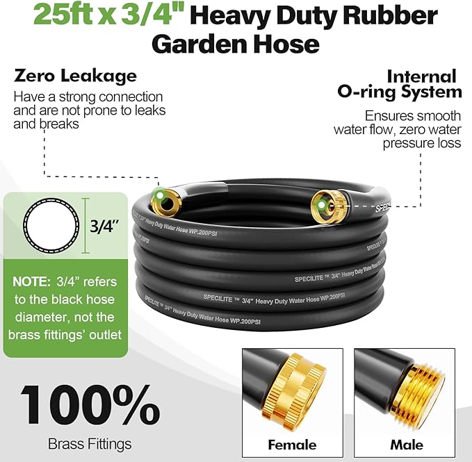 SPECILITE 3/4" Garden Hose 25 ft with High Flow Nozzle, Heavy Duty Flexible Hybrid Rubber Water Hose for Outdoor, Lightweight, Leak-Proof, No-Kink, 3/4"Brass Fittings,Black