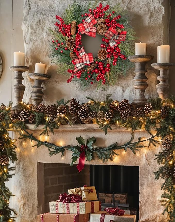 20 Inch Artificial Christmas Wreath with Red Berries, Pine Cones, Cedar Pine Needles, Bow Ties - Indoor/Outdoor Decoration for Front Door