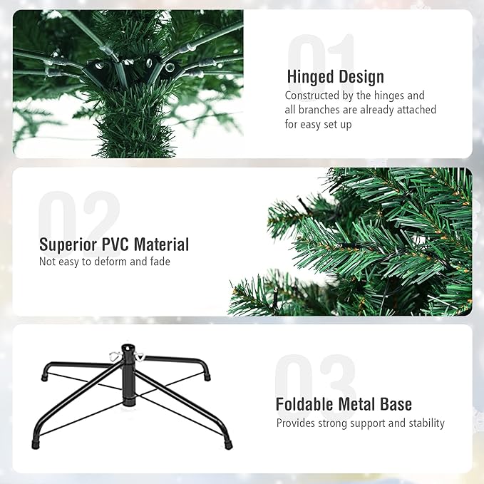 7.5ft Prelit Christmas Tree, Indoor Xmas Tree w/ 1346 PVC Branch, Pre-Strung 400 Warm White LED Lights & Metal Hinge, Artificial Christmas Tree for Home, Holiday, Party Decoration