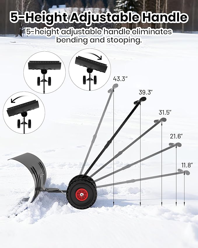 36" Snow Pusher Shovel with Wheels, Adjustable Ergonomic T-Handle Snow Plow for Driveway, Heavy Duty Wheeled Rolling Shovels for Driveway and Sidewalks with Angeled Blade