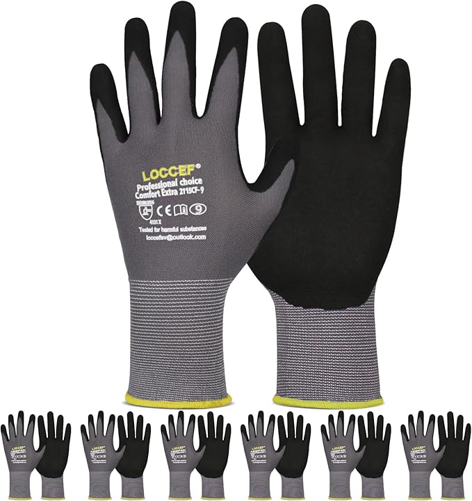 LOCCEF Work Gloves MicroFoam Nitrile Coated-6 Pairs,Seamless Knit Nylon Gloves,Gray Work gloves