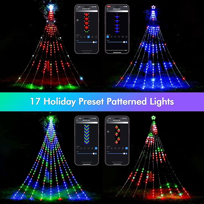 Outdoor Halloween Decorations 23FT RGB Color Changing Hanging Waterfall String Lights with Star, APP Remote Control, DIY Multi-Color Lightshow, Music Sync, Xmas Halloween Decor