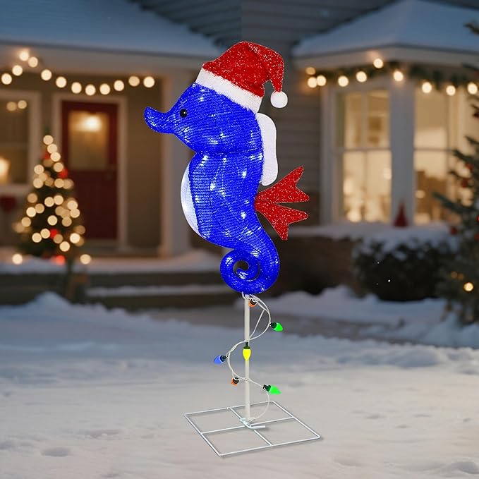 Prsildan Outdoor Christmas Decorations – 40 Inch Colorful LED Seahorse Yard Decor with Santa Hats, Lighted Holiday Lawn Stakes for Porch, Garden, Pathway, Seahorse Figures Xmas Decor (Blue)