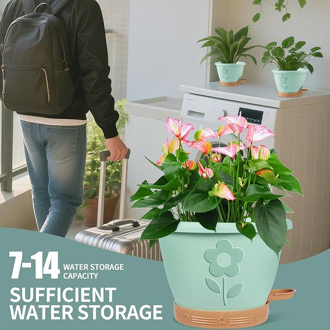 Plastic Plant Pots 10 Inch Set of 4, Self Watering Pots with Drainage Holes, Saucer & Reservoir, Flower Pots for Indoor/Outdoor Plants, Decorative Nursery Planting Pots (Green)