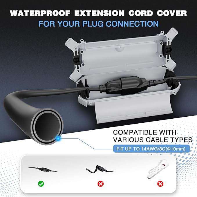 Flemoon [3 Pack] Outdoor Extension Cord Cover Waterproof, Weatherproof Electrical Connection Box for Straight Plug, Outlet, Socket, Halloween, Christmas Holiday Decoration String Light, Light Grey