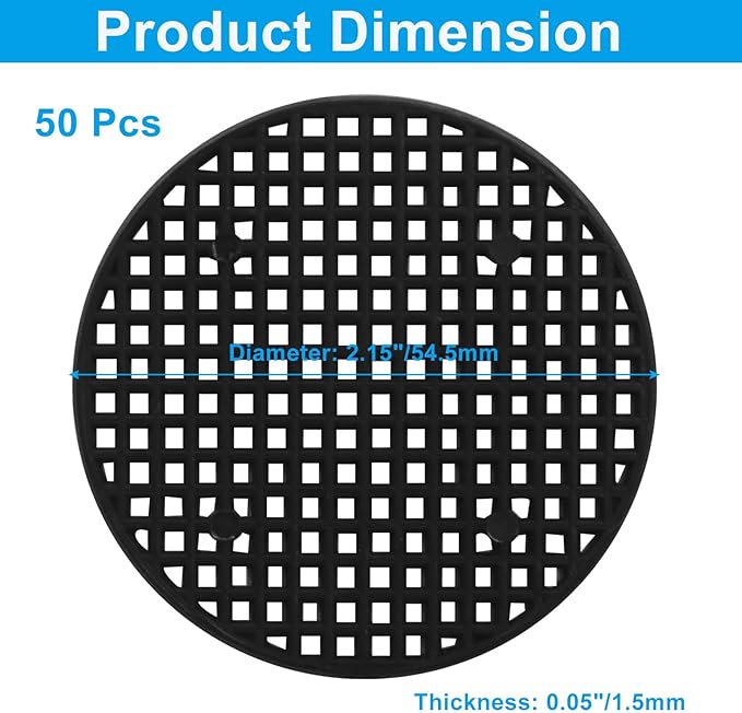 50pcs Plant Drainage Mesh Pads - 2.2 Inch Round Plastic Grid Mat, Breathable Soil Guard for Potted Plants, Bonsai (Black)