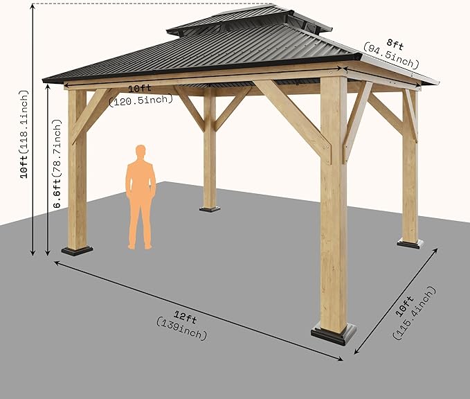 10x12 FT Wood Gazebo, Outdoor Hardtop Gazebo with Aluminum Double Roof, Outdoor Wooden Pavilion for Parties, Backyard, Patio, Lawns, Black + Natural Wood