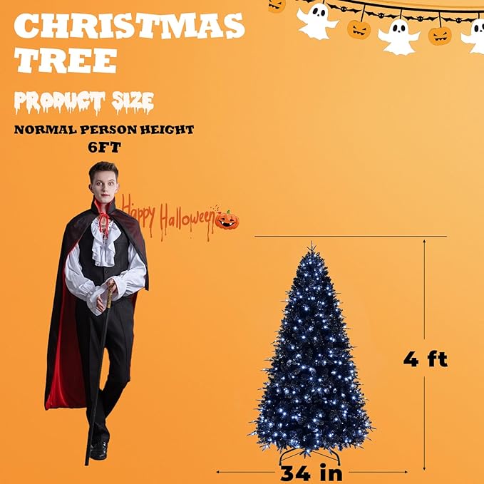 4FT PreLit Black Christmas Tree with 150 Lights, Artificial Fake Christmas Tree with 666 PE&PVC Branch Tips, Halloween and Xmas Tree for Holiday Decorations, Metal Stand and Hinged Branches