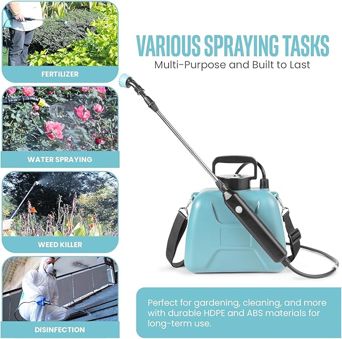 2025 Upgraded Electric Garden Sprayer | 5L/1.35Gal Battery-Powered Sprayer w/ 3 Nozzles, Leak-Proof Design & Adjustable Strap | Type-C Rechargeable for Lawn, Garden, Yard (Light Blue)