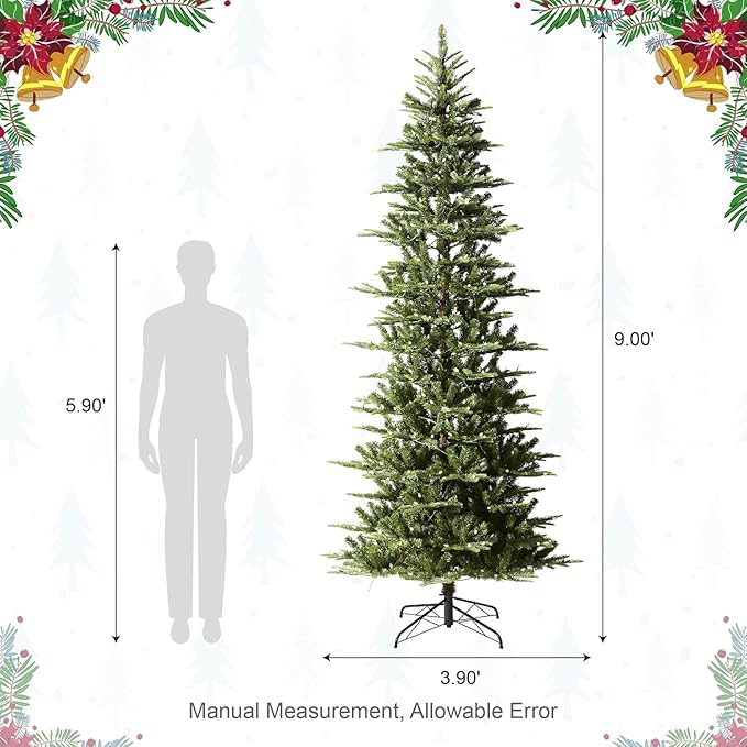 Glitzhome 9ft Pre-Lit Green Fir Christmas Tree, Cascade Evergreen Slim Artificial Holiday Christmas Tree with 500 Strawberry Lights,9 Functional Warm White/Multi-Color, Remote Controller