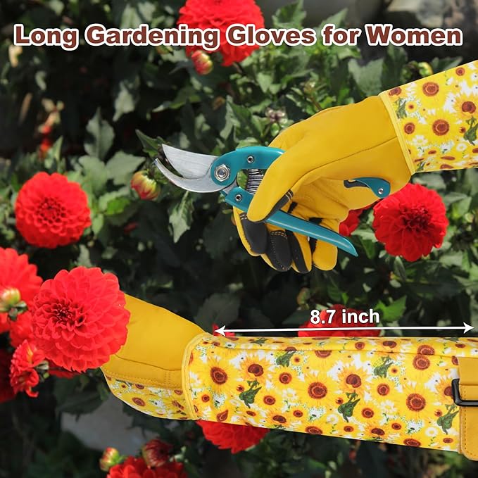DLY Gardening Gloves for Women, Rose Gloves Gardening Thorn Proof, Long Garden Gloves for Women, Breathable Cowhide Leather Gauntlet (Small, Yellow