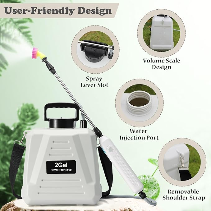 Battery Powered Sprayer 2 Gallon, Powerful Electric Garden Sprayer with 3 Mist Nozzles, USB Rechargeable Handle, Retractable Wand and Adjustable Shoulder Strap for Irrigation, Weeding (White)