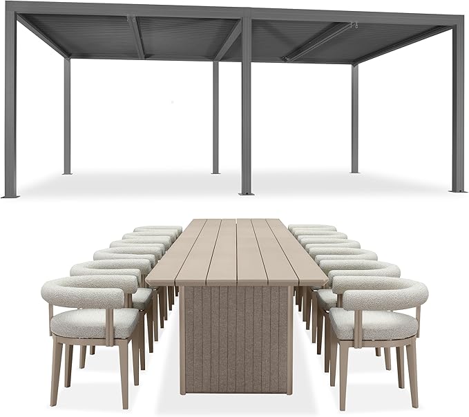 PURPLE LEAF Louvered Pergola 12' x 20' with 13 Pcs Modern Patio Dining Set Outdoor Full Aluminum Pergola with Adjustable Rainproof Roof Modern Patio Hardtop Gazebo for Deck Backyard Garden Slate Grey