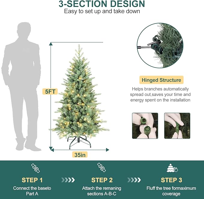 5 FT Prelit Artificial Skinny Christmas Tree,Blue Spruce Slim Pencil Xmas Tree with 926 PE&PVC Mixed Branch Tips and 250 UL Listed Clear Lights,Hinged Pine Tree with Metal Stand for Home Office Décor