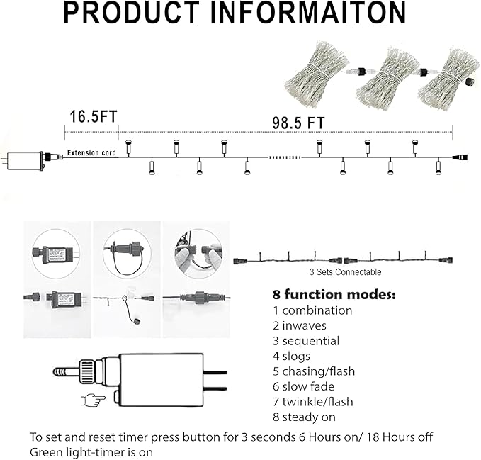 Dazzle Bright Christmas String Lights, 100 FT 300 LED Connectable Waterproof String Lights Clear Wire with 8 Modes Timer, Christmas Decorations for Indoor Outdoor Xmas Party Yard Garden (Warm White)