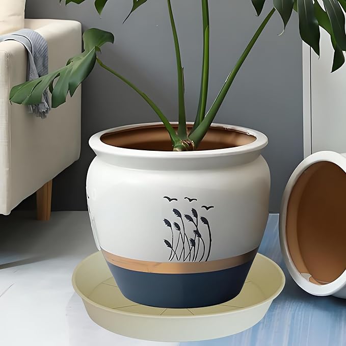 2 Pack of 18 19 inch Plant Saucer Drip Tray (16.6 inch Base), Heavy Duty Deep Plant Saucers for Pots, Plastic Flower Planter Water Trays for Indoors Outdoor (19", Beige)