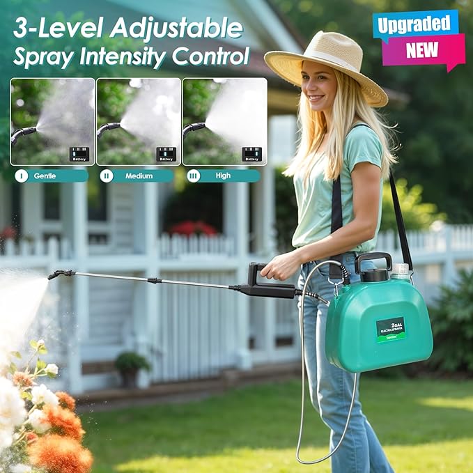 Battery Powered Sprayer 2 Gallon, 2025 Upgraded Electric Weed Sprayer with 3 Spray Forces, Battery Indicator, Rechargeable Handle,4 Mist Nozzles,23.6" Retractable Wand,Shoulder Strap, for Lawn&Garden