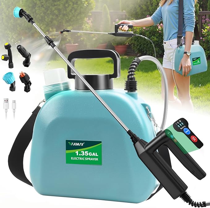 Battery Powered Sprayer 1.35 Gallon, 2025 Electric Garden Sprayer with 3 Adjustable Speeds, 4 Mist Nozzles, Rechargeable Handle, Retractable Wand with Adjustable Shoulder Strap for Weed Lawn