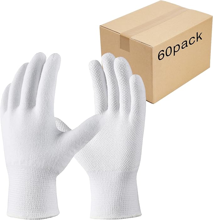 COOLJOB 12/60 Pairs Cotton Work Gloves with Non-Slip Grip Dots, Breathable Lightweight Gloves for Construction Gardening