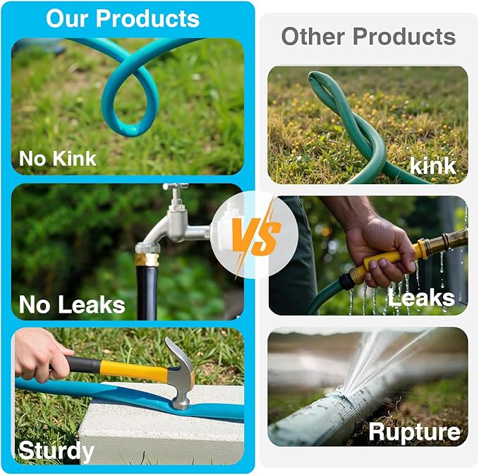 Garden Hose 50 ft, Heavy Duty Water Hose 5/8" x 50ft, New Patented Kink Free Water Hose Kink Resistance, Heavy Duty,Flexible and Lightweight, Leak Free, Burst 600 PSI, Drinking Water Safe